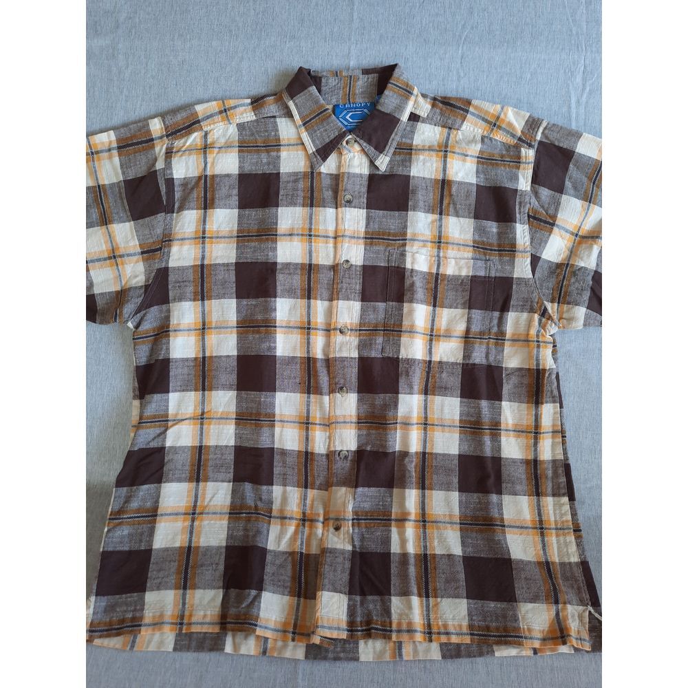 Canopy Clothing Co. Men's XL Plaid Button Shirt Short Sleeve Pocket Brown Cotton